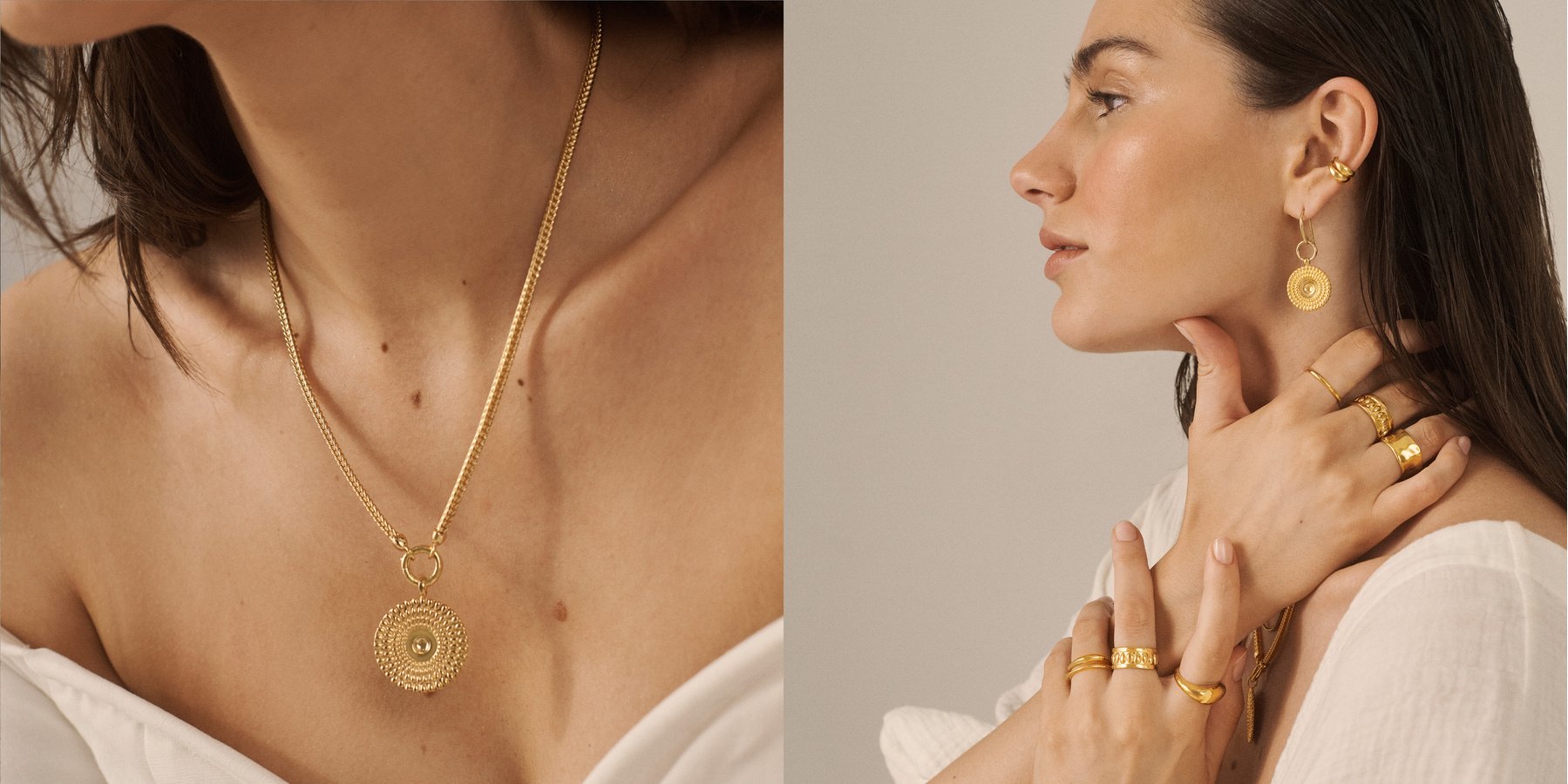 A model wears the Juno collection, featuring Greek shield-inspired pieces.